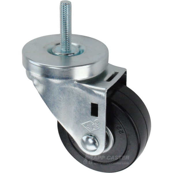 Metal caster rubber wheel with a black rubber tire and threaded stem