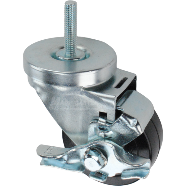 Metal caster rubber wheel with a top lock brake and threaded stem at the top