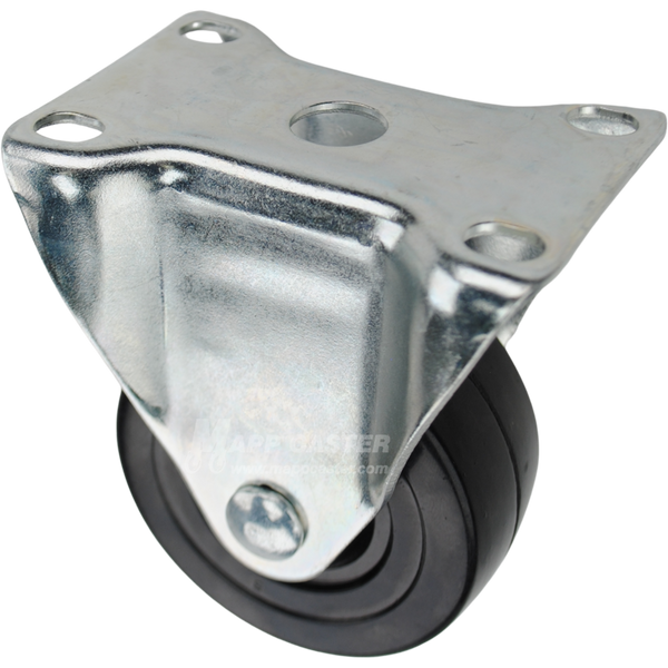 Rigid caster with a 3 inch black hard rubber wheel and O1 mounting plate