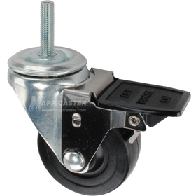 Caster wheel with face contact brake, a 3 inch black hard rubber wheel and 12mm threaded metal stem