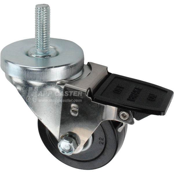 Caster wheel with face contact brake, a 3 inch black hard rubber wheel and 1-1/2 inch metal threaded stem
