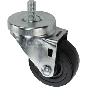 Caster wheel with a black rubber tire and metal stem thread