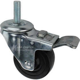 Caster wheel with a total lock brake, a 3 inch black hard rubber wheel and 1-1/2 inch metal threaded stem