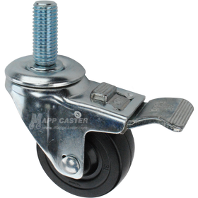 Caster wheel with a total lock brake, a 3 inch black hard rubber wheel and 1-3/4 inch metal threaded stem