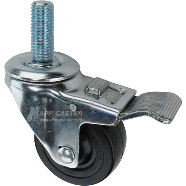 Caster wheel with a total lock brake, a 3 inch black hard rubber wheel and 1-3/4 inch metal threaded stem