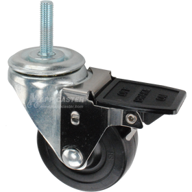 Caster wheel with face contact brake, a 3 inch black hard rubber wheel and 10mm threaded metal stem