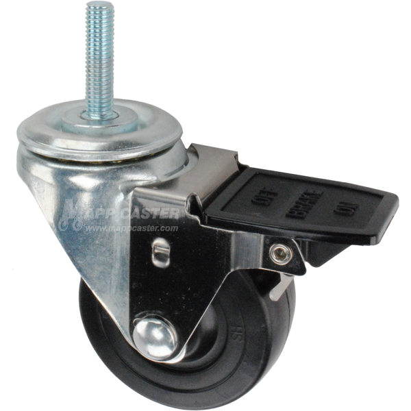 Caster wheel with face contact brake, a 3 inch black hard rubber wheel and 10mm threaded metal stem