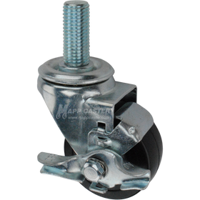 Metal caster rubber wheel with a top lock brake and metric threaded stem at the top
