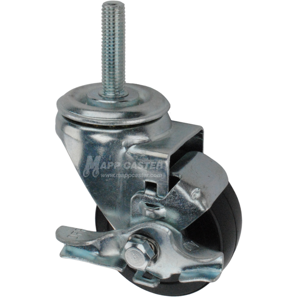 Metal caster rubber wheel with a top lock brake and metric threaded stem at the top