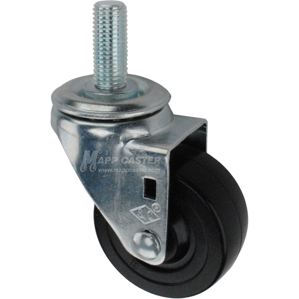 Caster wheel with a black rubber tire and metric metal stem thread