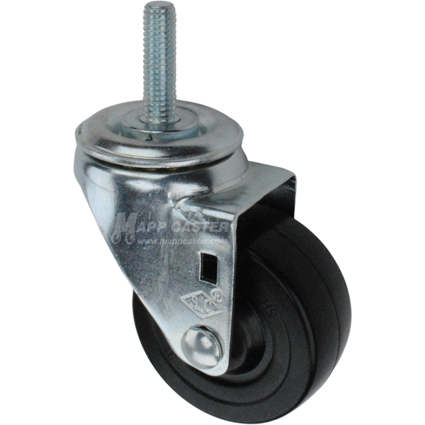 Caster wheel with a black rubber tire and metal stem thread