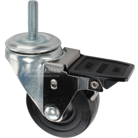 Caster wheel with face contact brake, a 3 inch black hard rubber wheel and 1-1/2 inch metal threaded stem