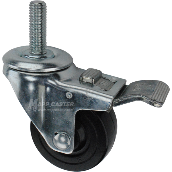 Caster wheel with a total lock brake, a 3 inch black hard rubber wheel and 1-3/4 inch metal threaded stem