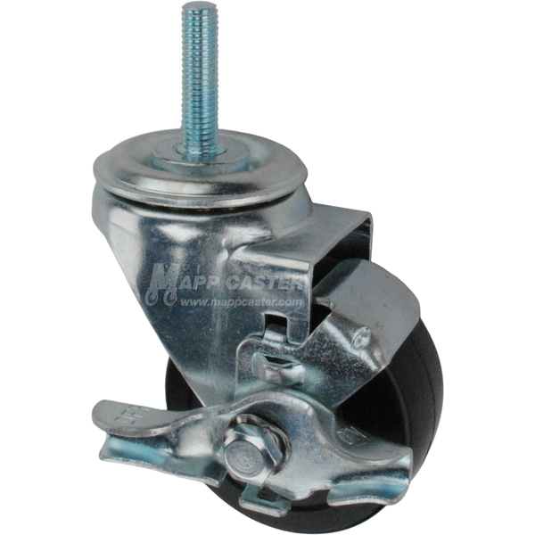 Metal caster rubber wheel with a top lock brake and metric threaded stem at the top