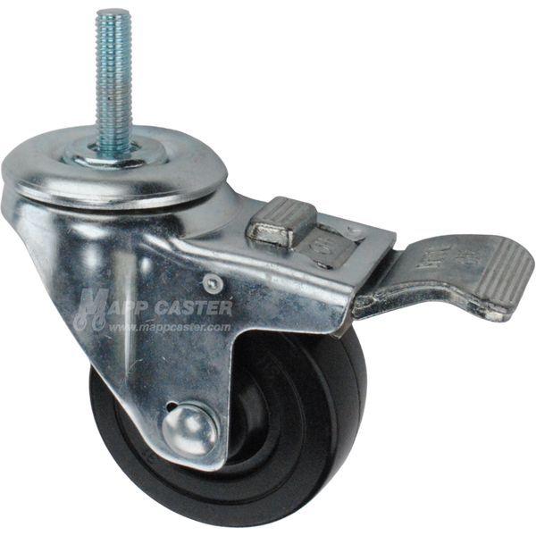 Caster wheel with a total lock brake, a 3 inch black hard rubber wheel and 1-1/2 inch long 10mm metal threaded stem