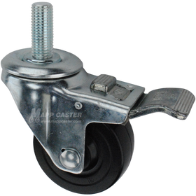 Caster wheel with a total lock brake, a 3 inch black hard rubber wheel and 1-1/2 inch long 16mm metal threaded stem