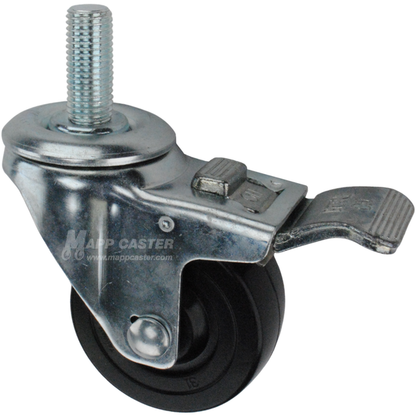 Caster wheel with a total lock brake, a 3 inch black hard rubber wheel and 1-1/2 inch long 16mm metal threaded stem