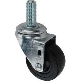 Caster wheel with a black rubber tire and metal stem thread