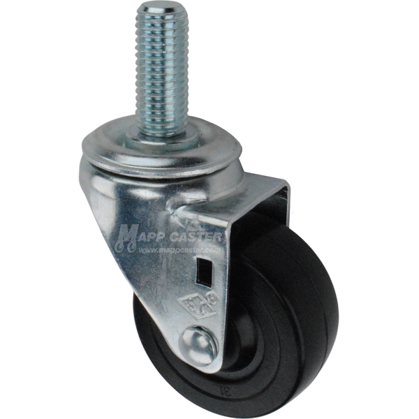 Caster wheel with a black rubber tire and metal stem thread