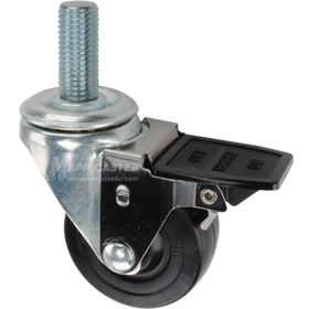 Caster wheel with face contact brake, a 3 inch black hard rubber wheel and 20mm threaded metal stem