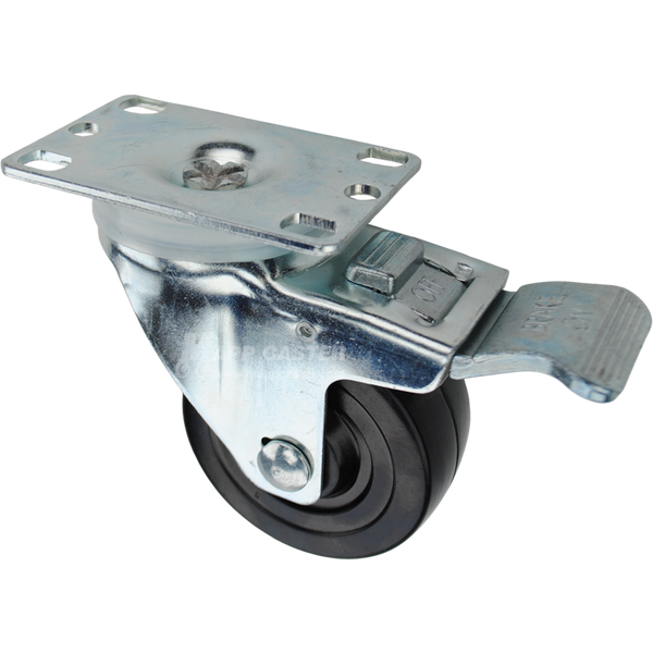 Swivel caster with a total lock brake, a 3 inch black hard rubber wheel and O1 metal plate