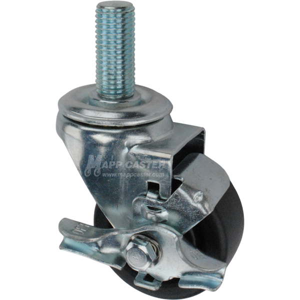 Metal caster plastic wheel with a top lock brake and metric threaded stem at the top