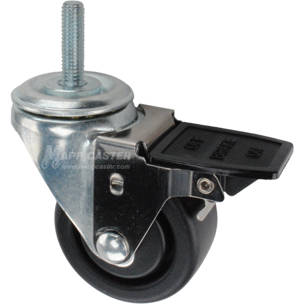 Caster wheel with face contact brake, a 3 inch black plastic wheel and 1-1/2 inch metal threaded stem