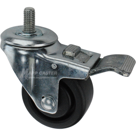 Caster wheel with a total lock brake, a 3 inch black plastic wheel and 1 inch metal threaded stem