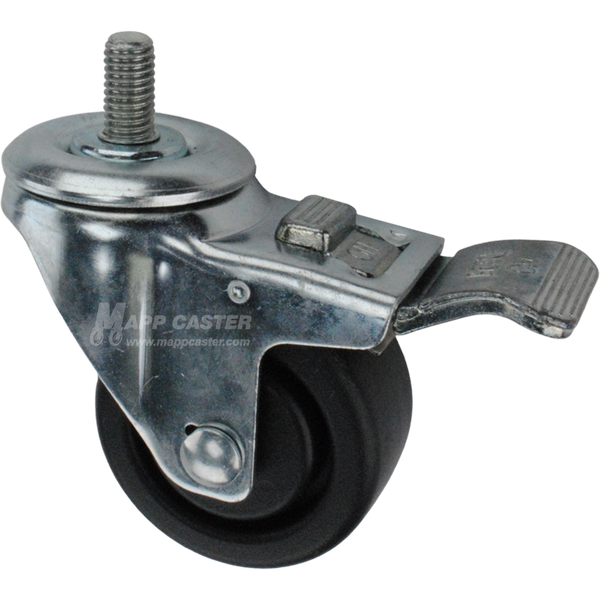 Caster wheel with a total lock brake, a 3 inch black plastic wheel and 1 inch metal threaded stem