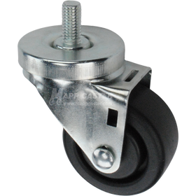 Caster wheel with a black plastic tire and metal stem thread