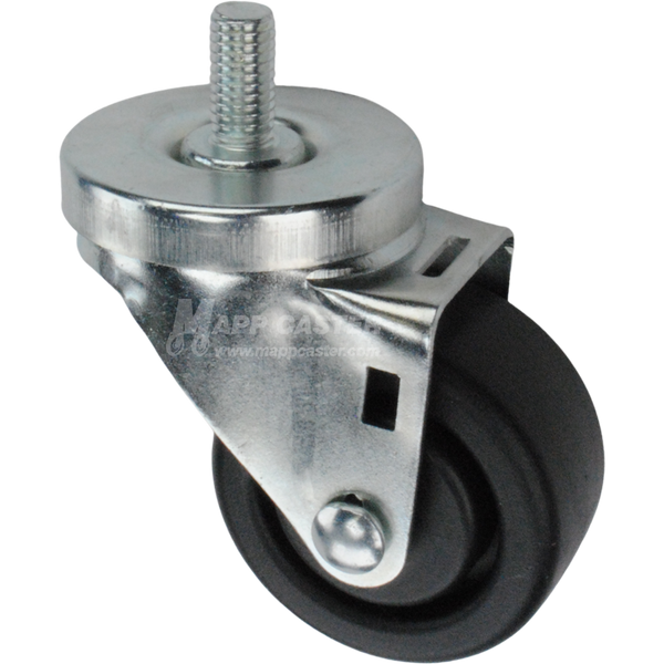 Caster wheel with a black plastic tire and metal stem thread