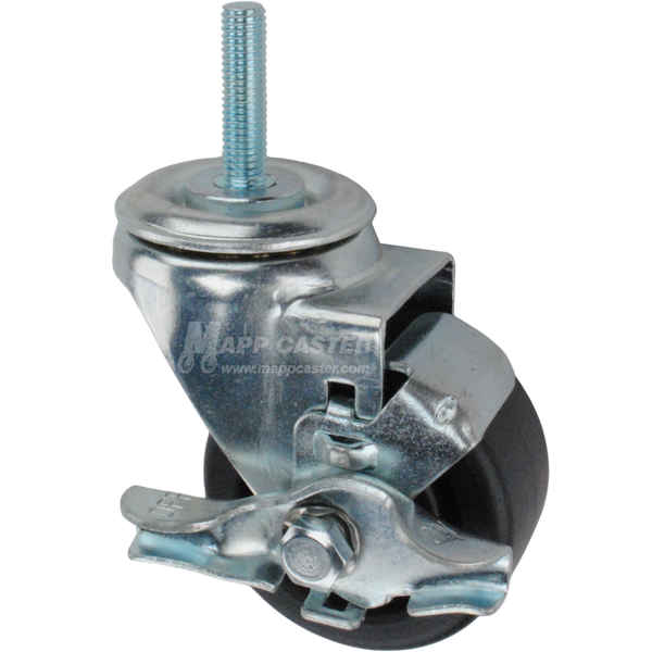 Metal caster plastic wheel with a top lock brake and metric threaded stem at the top
