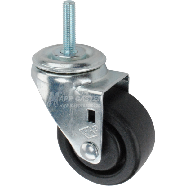 Metal caster plastic wheel with a metric threaded stem at the top