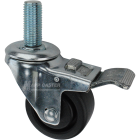 Caster wheel with a total lock brake, a 3 inch black plastic wheel and 1-3/4 inch long 20mm metal threaded stem