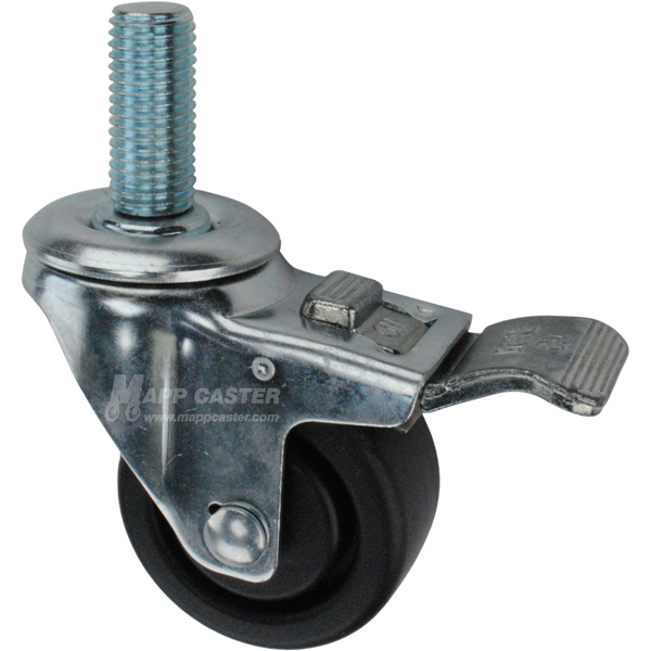 Caster wheel with a total lock brake, a 3 inch black plastic wheel and 1-3/4 inch long 20mm metal threaded stem