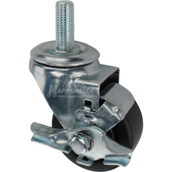 Metal caster plastic wheel with a top lock brake and metric threaded stem at the top
