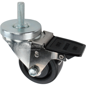Caster wheel with face contact brake, a 3 inch black plastic wheel and 1-1/2 inch metal threaded stem
