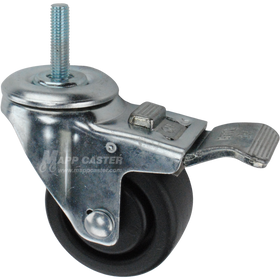 Caster wheel with a total lock brake, a 3 inch black plastic wheel and 1-1/2 inch long 10mm metal threaded stem