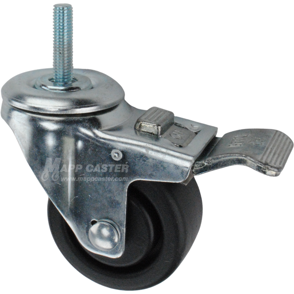Caster wheel with a total lock brake, a 3 inch black plastic wheel and 1-1/2 inch long 10mm metal threaded stem