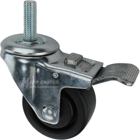 Caster wheel with a total lock brake, a 3 inch black plastic wheel and 1-1/2 inch metal threaded stem