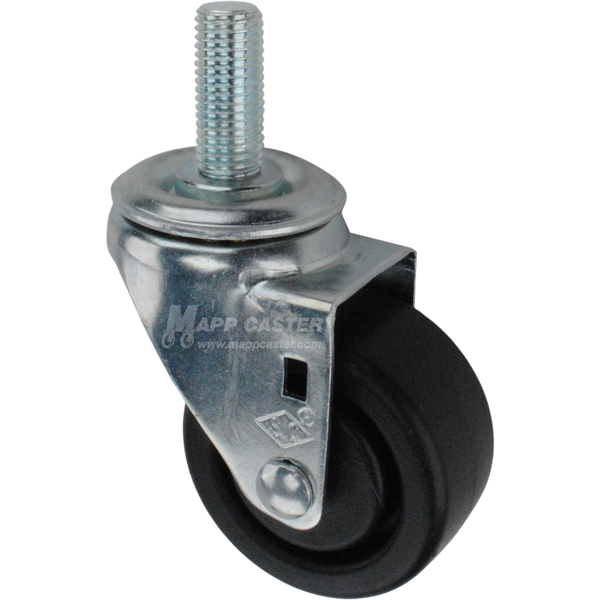 Metal caster plastic wheel with a metric threaded stem at the top