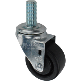 Metal caster plastic wheel with a metric threaded stem at the top