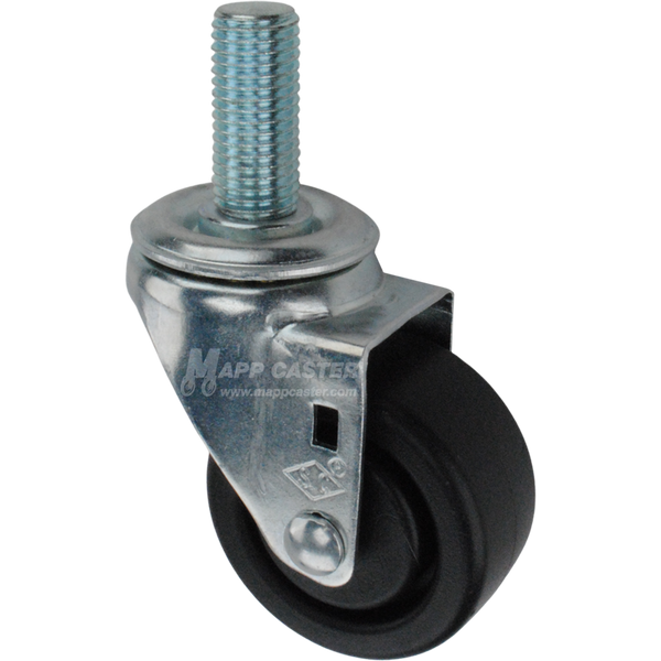 Metal caster plastic wheel with a metric threaded stem at the top