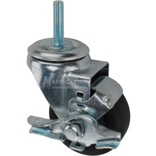 Metal caster with a black nylon tire and metric threaded stem