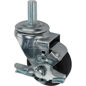 Metal caster with a black nylon tire and metric threaded stem