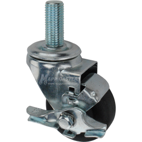 Metal caster with a black nylon tire and metric threaded stem