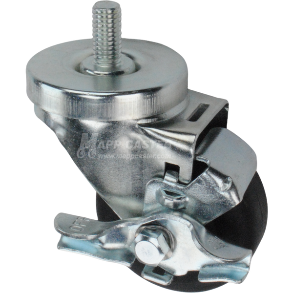 Caster wheel with brake, a black nylon tire and metal stem thread