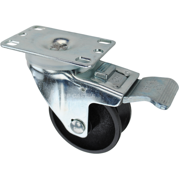 Swivel caster with face contact brake, a 3 inch black cast iron v-groove wheel and O1 metal plate