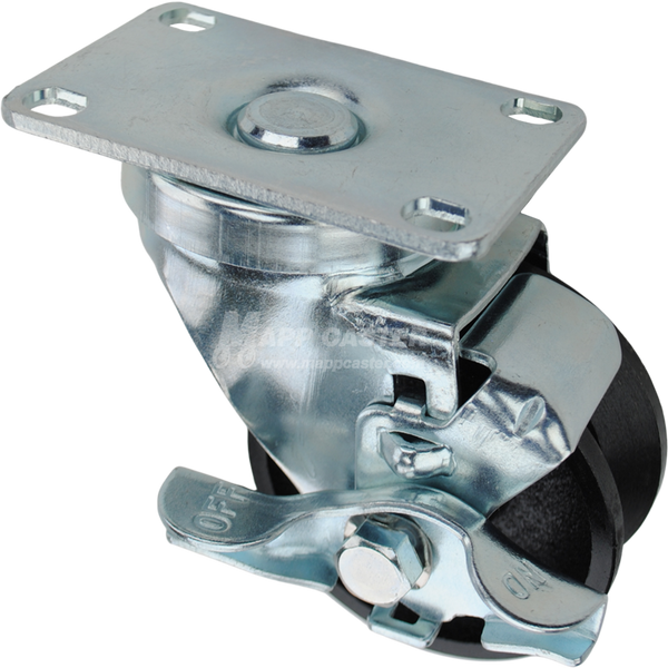 Swivel caster with top lock brake, a 3 inch black cast iron v-groove wheel and O1 metal plate