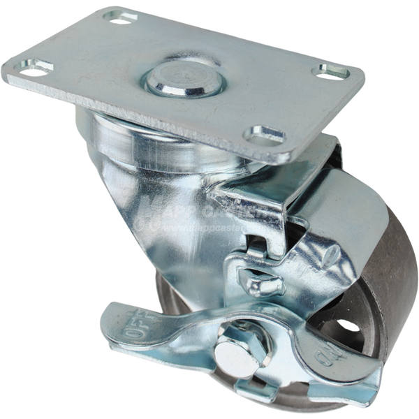 Swivel caster with top lock brake, a 3 inch silver sintered steel wheel with roller bearings and O1 metal plate